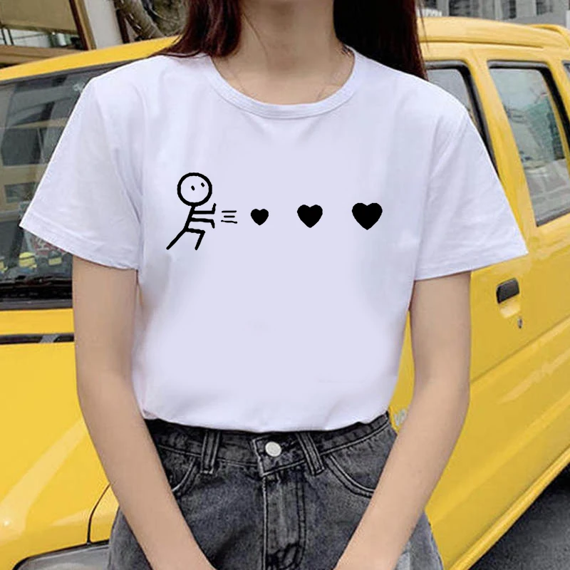 

90S Summer heart love printing T-shirt basic O-neck short-sleeved ladies white T-shirt kawaii graphic girl T-shirt