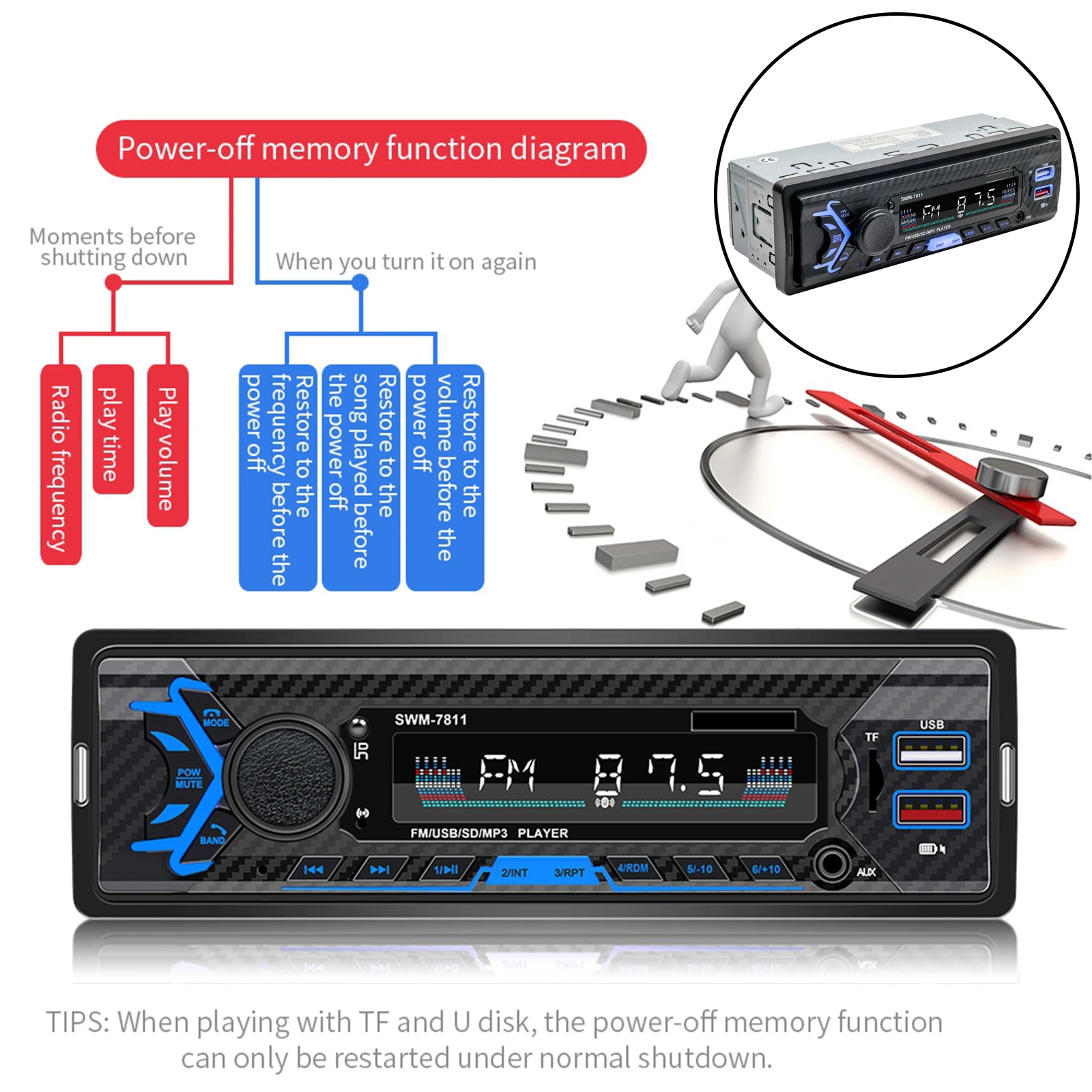 

Car 12V Radio Bluetooth 5.0 Dual USB MP3 Player Receiver with Remote Control