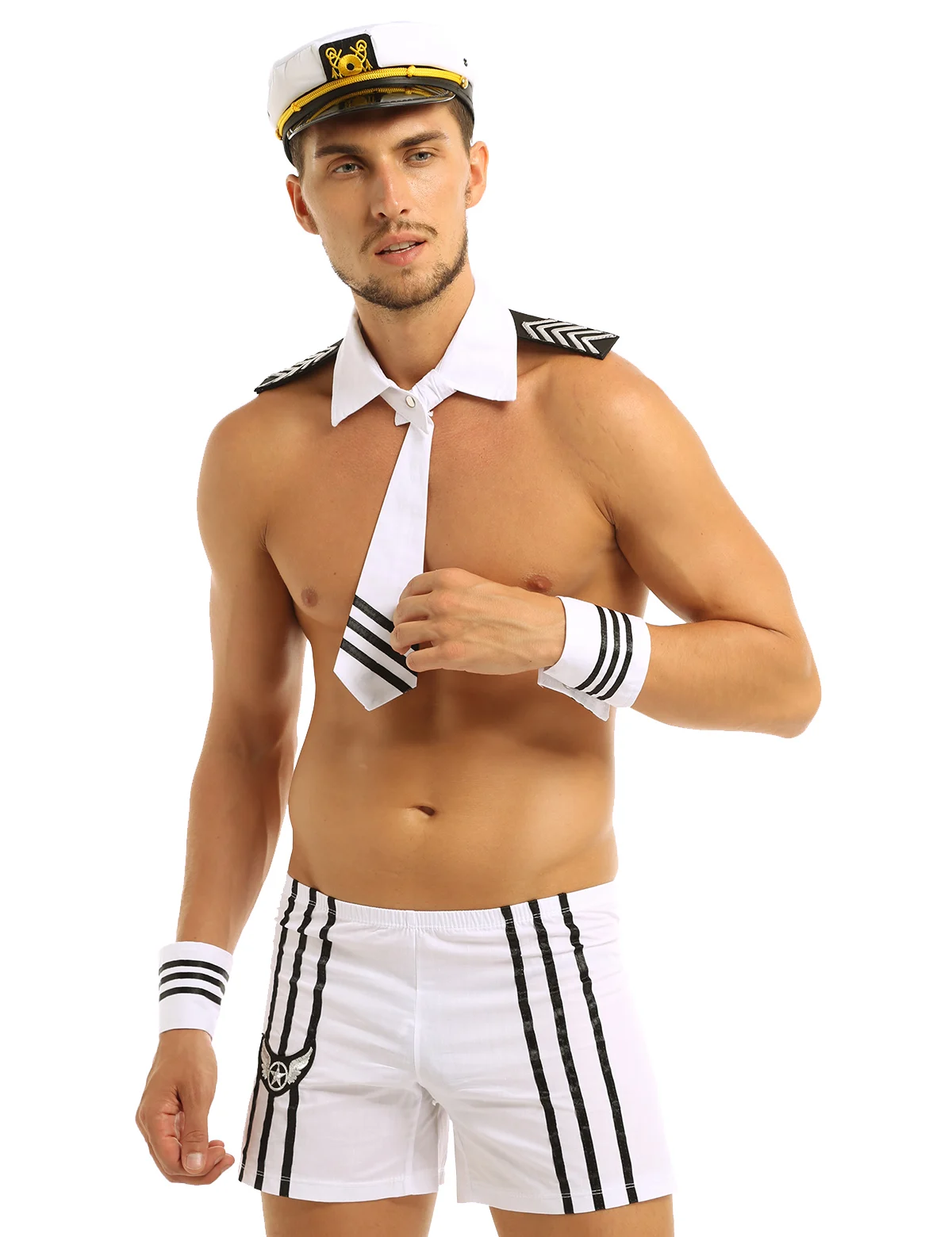 

iEFiEL Male Mens Role Play Fancy Party Lingerie Navy Outfits Shorts with Cap Collar Tie Cuffs Cosplay Party Nightwear Costumes