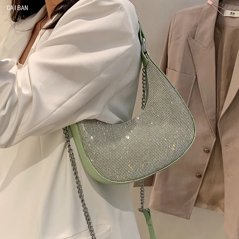 

Роскошная брендовая сумка для подмышек со стразами, дизайнерская дамская сумочка из высококачественной искусственной кожи на цепочке, мес...