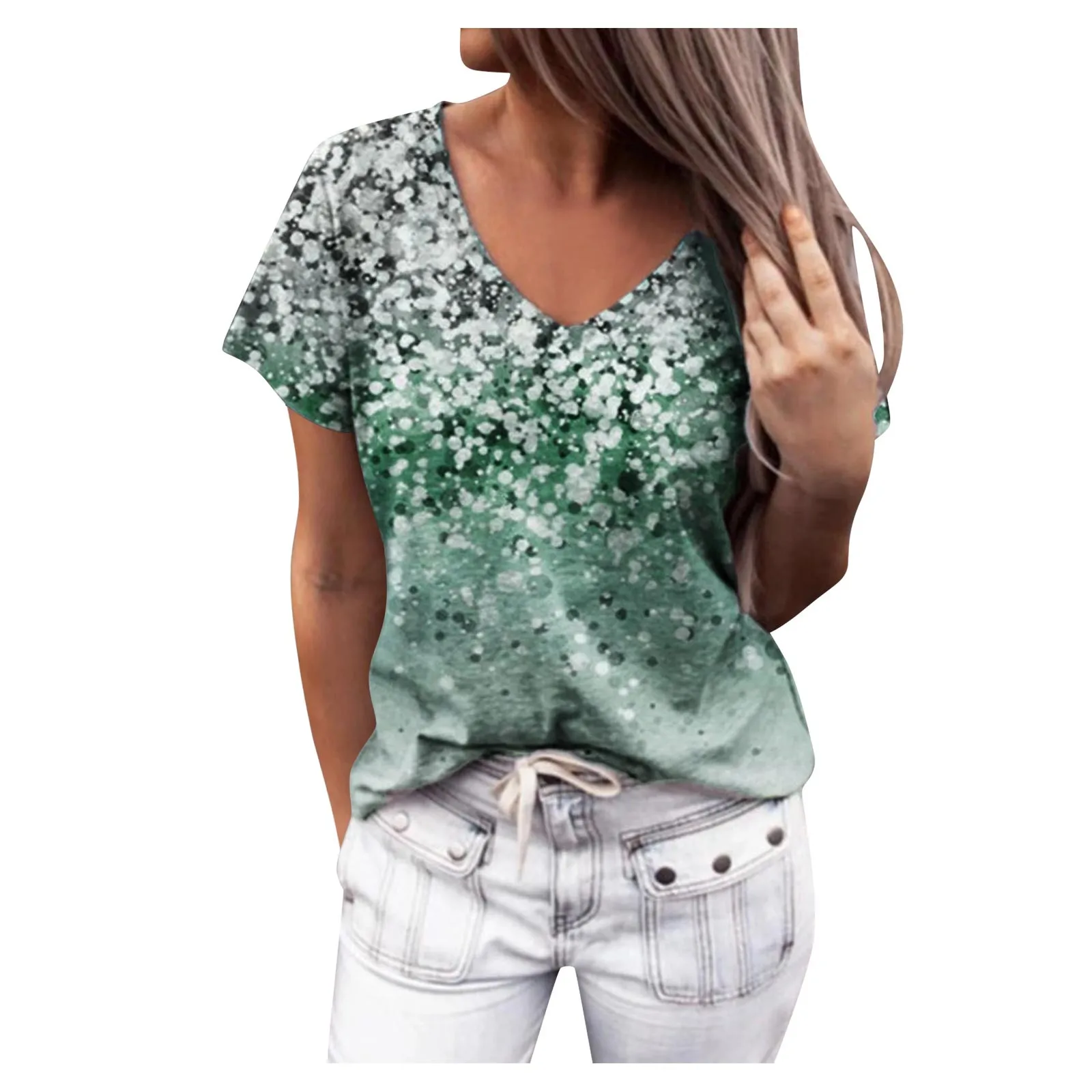Gradient Flower Print T-Shirt Harajuku Womens V-Neck Short Sleeves Top Summer Casual Loose T-shirt Tops ropa mujer verano | Женская