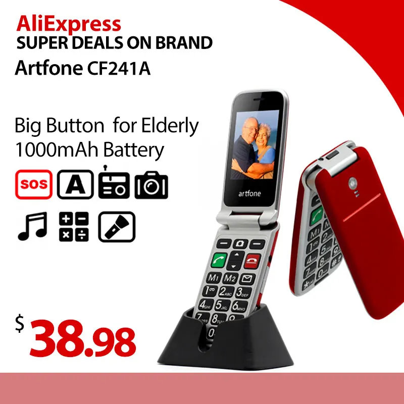 Телефон-раскладушка с большой кнопкой artfone CF241A, телефон для пожилых людей с подставкой для зарядки и большим экраном 2,4 дюйма, разблокирован... от AliExpress RU&CIS NEW