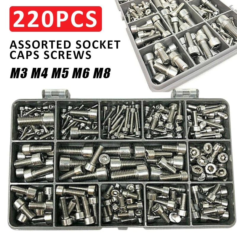 220x Assorted Stainless Steel Metric Socket Cap Screws Kit M3 M4 M5 M6 M8 DIN912