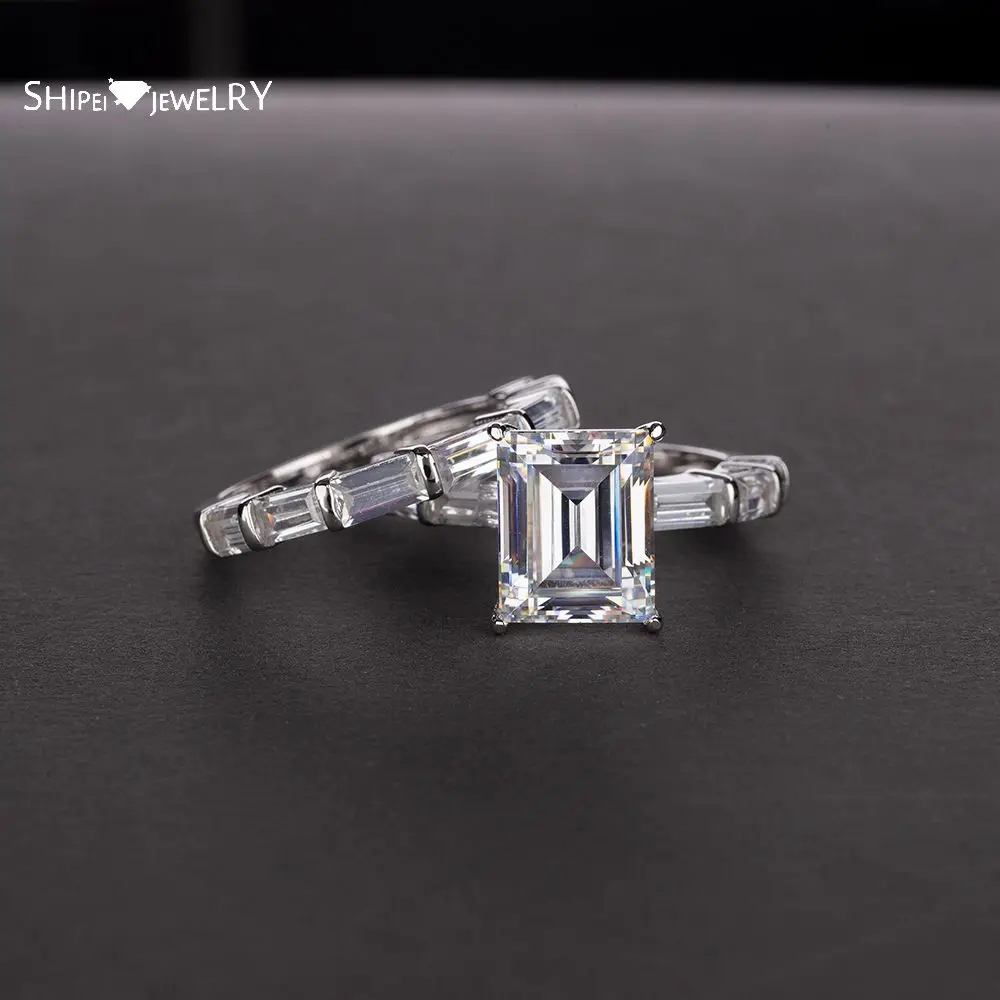 

Shipei 100% 925 Sterling Silver Emerald Cut Created Moissanite Wedding Engagement Wedding Women Ring Set Anniversary Gifts