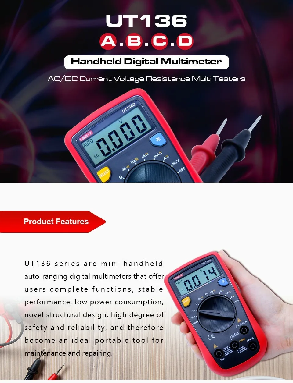 Цифровой мультиметр UNI-T UT136A UT136C UT136D AC/DC Ток Напряжение сопротивление частота тест er Диод Непрерывность зуммер тест