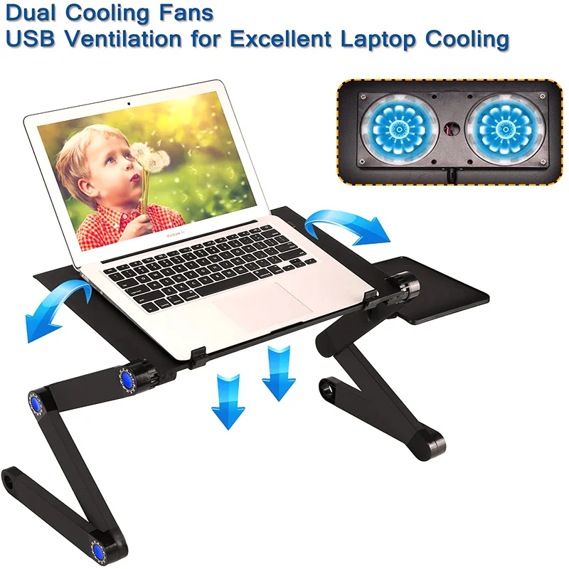 

Adjustable Laptop Bed Table, Portable Laptop Workstation Notebook Stand Reading Holder With 2 CPU Cooling Fans And Mouse Pad