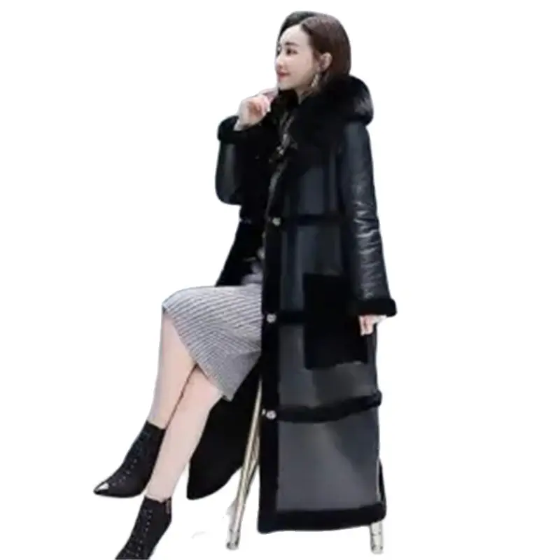 2022 Winter Female New Loose Mid-length Leather Fleece Jacket Women Fashion Stitching Faux Fur All-in-one Coat Lamb Wool A1131