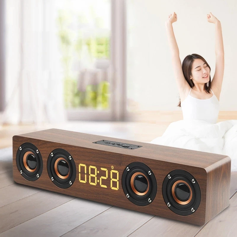 

Office Decorations Wooden Crafts Wireless Bluetooth Speaker+Wood Alarm Clock Audio Subwoofer LED TF AUX FM Radio Video HD Call
