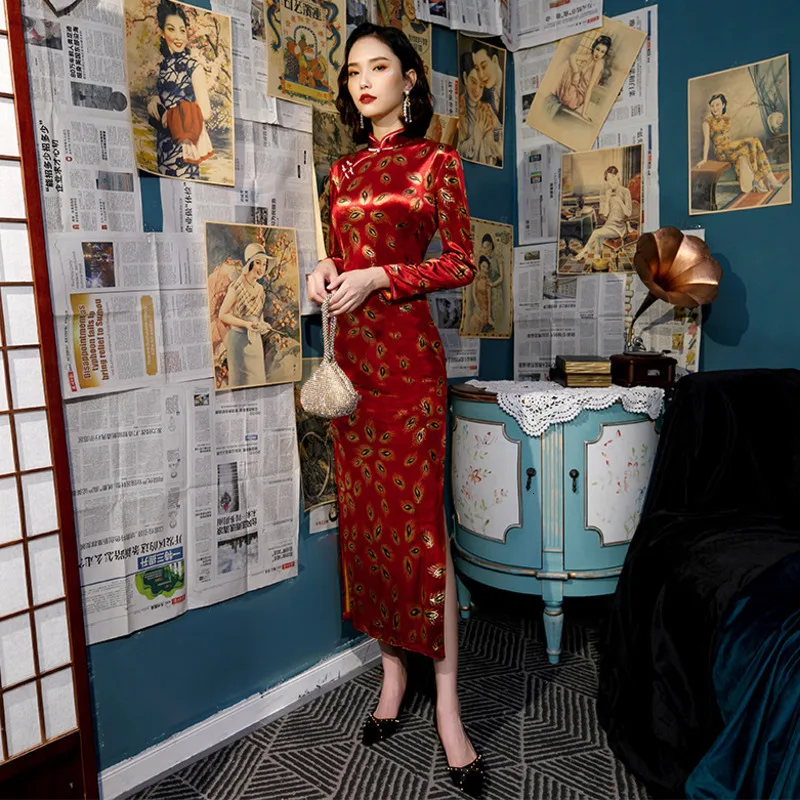 SHENG COCO Chinese китайские платья с длинными рукавами Cheongsam Qipao велюровое позолоченное платье в китайском стиле в стиле ретро женское платье с хвостом павлина Chipao