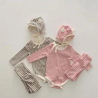 2022 autumn new baby clothes set fashion plaid print baby girl 3pcs outfits long sleeve tops pants hat infant pajamas suit