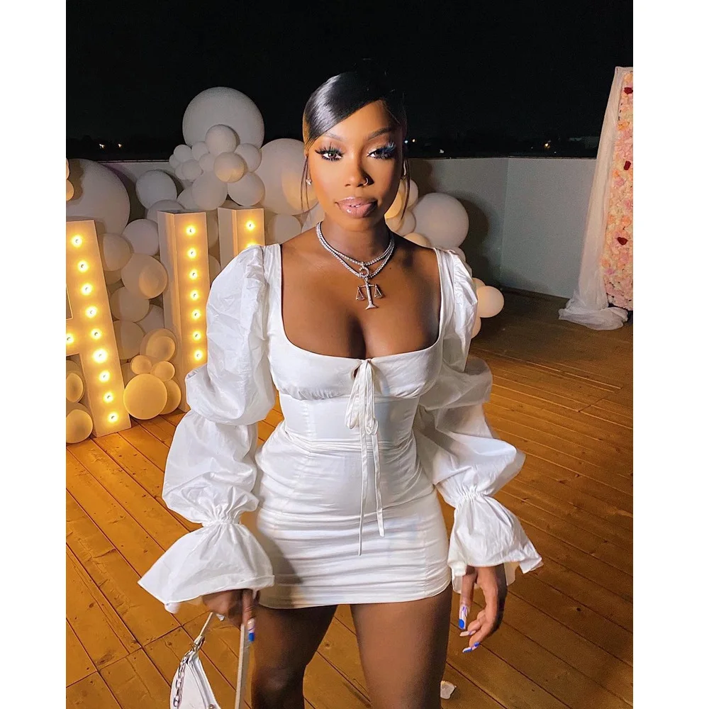 

Elegant Puff Sleeve Solid Mini Dress Women Sexy Square Collar Long Sleeve Backless Lace Up Bodycon Dress Clubwear Party Dresses