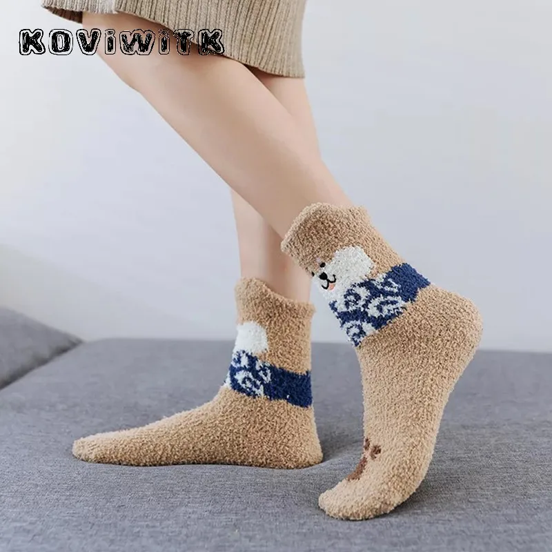 Cartoon Coral Velvet Bear Thickning Socks women cotton Lovely Plush Harajuku Warm Thick sock lady funny cute  Female kawaii sox