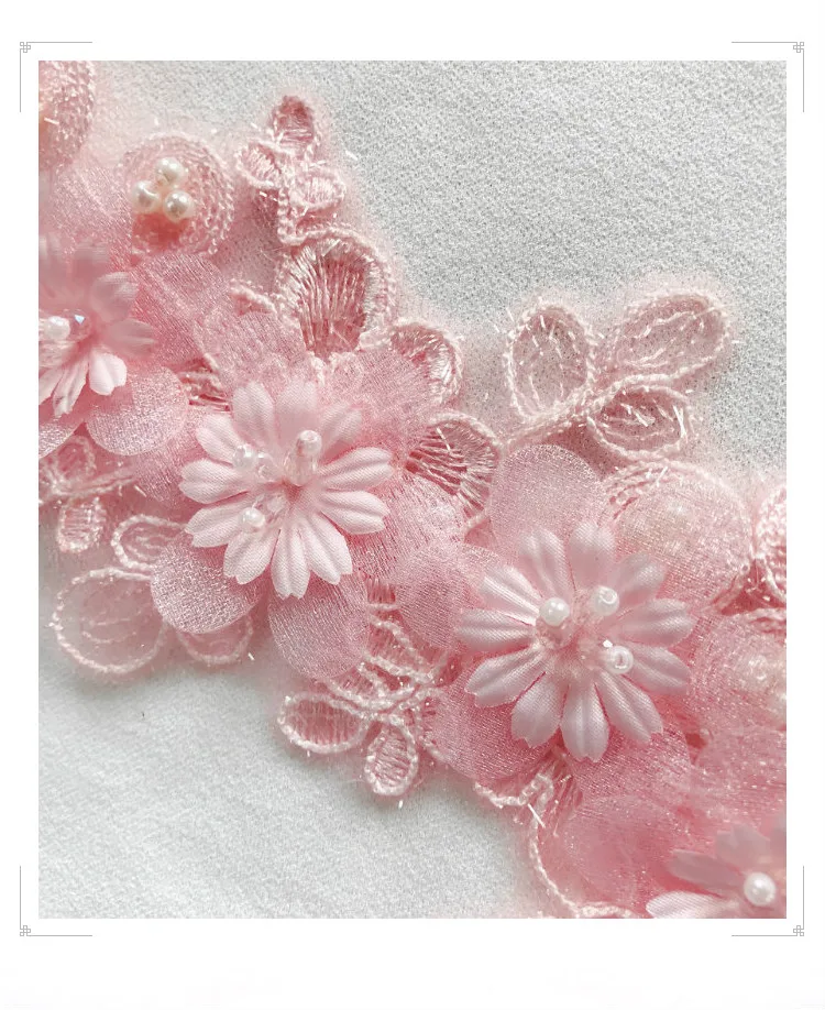 sequins beaded 3D pink white flowers embroidery lace patch Dress DIY veil applique parche Woman's clothes hanfu Decoration