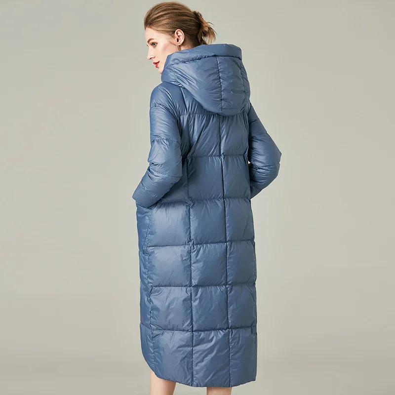 Women's Loose Down Jacket Hooded Double-Breasted White Duck Down Ultra Long Warm Puffer Jacket Down Parka Female Outerwear
