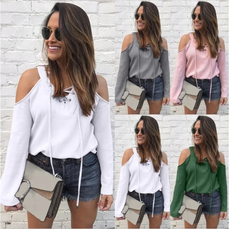 

WEPBEL Women's Casual Long Sleeve V-neck Off-Shoulder T-shirt Top Spring Fashion Solid Color Loose Bandage T-shirt
