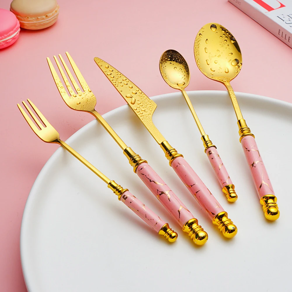 5PCS Stainless Steel Knife Fruit Fork Coffee Spoon Cutlery Set Flatware Set Tableware Dinnerware Set with Ceramic Marble Handle xiaomi ecological chain huohou ceramic knife cutting board set fruit knife silicone handle anti bacteria prevent from rushing