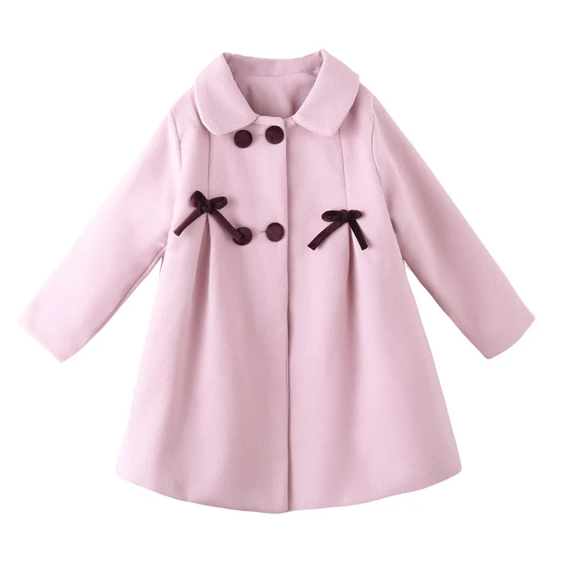 

2020 New Autumn And Winter Baby Girls Pink Coats Cute Warm Bowknot Overcoat Girls Kids Long Sleeve Wool Blends Children Clothing