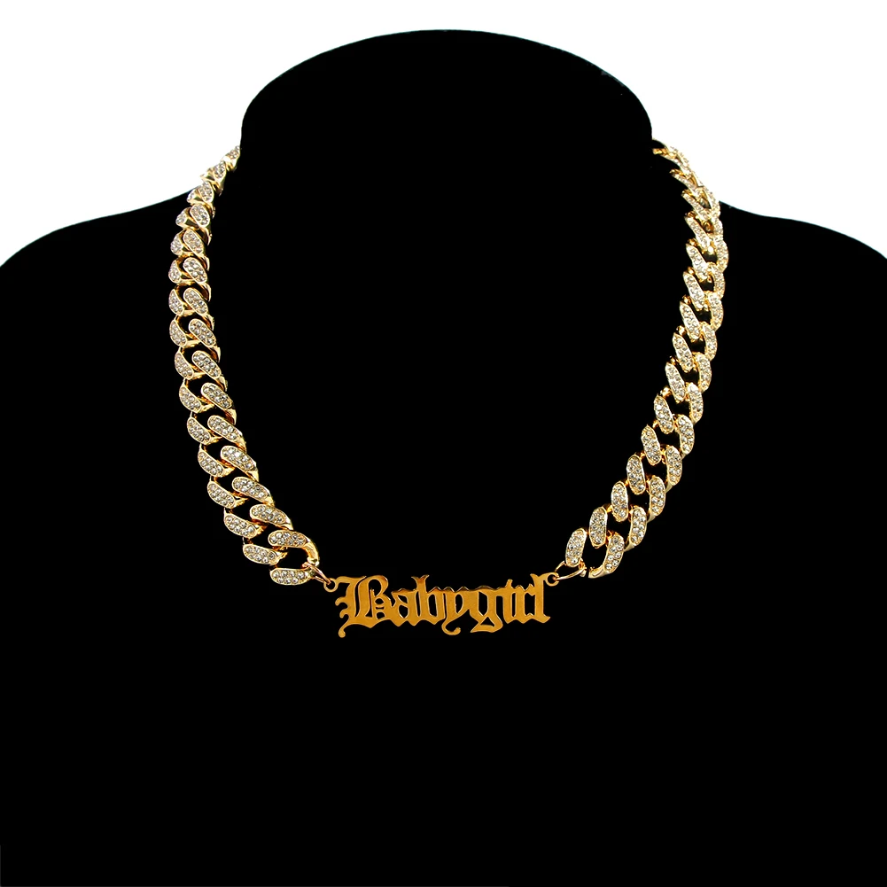 

Iced Out Paved Rhinestones 12MM Cuban Chain Men Women Babygirl Letters Charms Gold Silver Color Miami Cuban link Rapper Jewelry