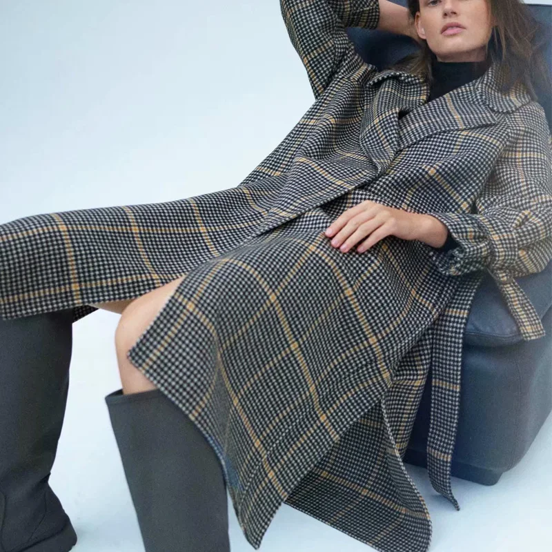 

KUMSVAG Women Autumn Winter Casual Plaid Wool Blends Coats 2021 ZA Sashes Long Sleeve Female Fashion Street Outerwear Clothes