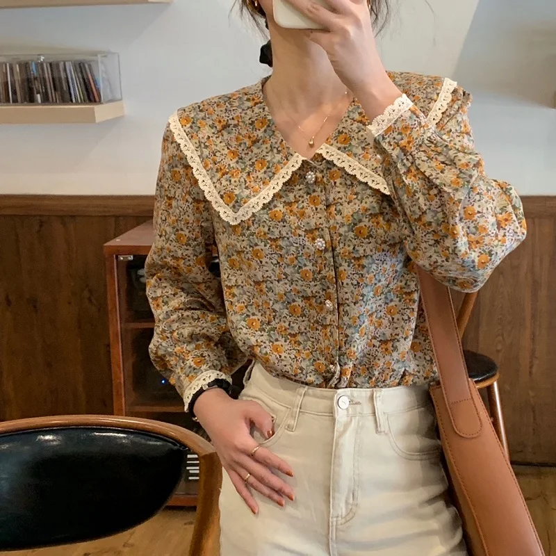 

LY VAREY LIN New Spring Women Elegant Sweet Single Breasted Shirts Long Sleeves Turn-down Collar Floral Tops