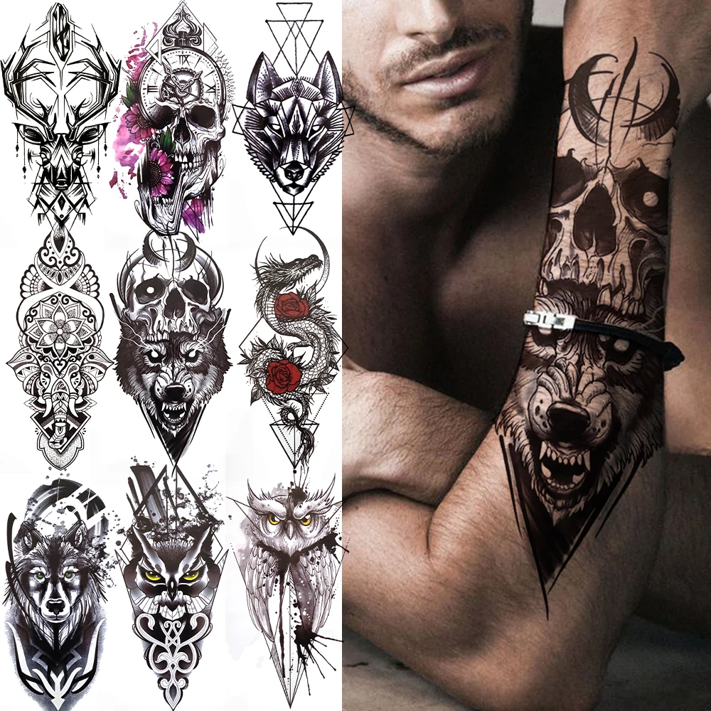 

Cool Skeleton King Temporary Tattoo For Women Men Kids Black Deer Dragon Lion Tribal Totem Tattoo Sticker Geometric Tatoo