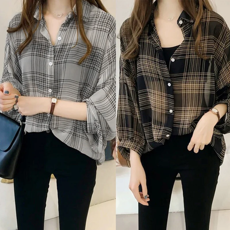 

Женская рубашка с длинным рукавом, Повседневная Свободная блузка в клетку на осень, 1 шт.
