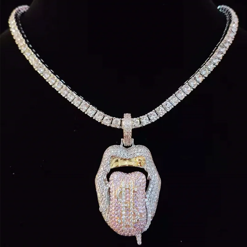 

Men Hip hop Dollar sign tongue pendant necklace 4mm AAA Zircon tennis chain Iced Out necklaces Male HipHop jewelry