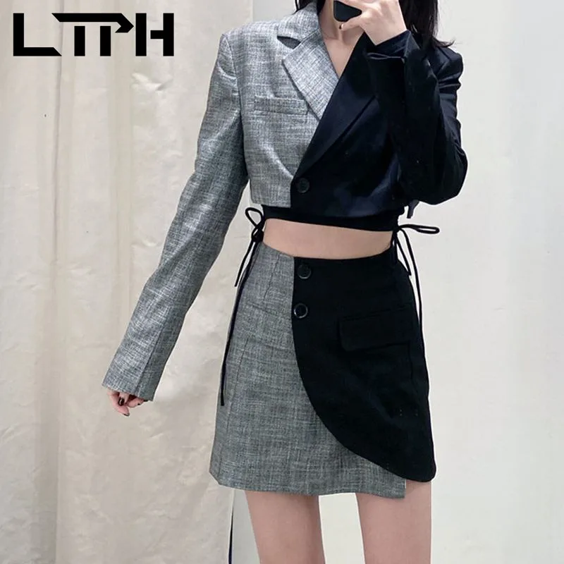LTPH-Chaqueta corta de estilo inglés para mujeres faldas trajes vintage de retazos, trajes de falda irregular de cintura alta, primavera 2021