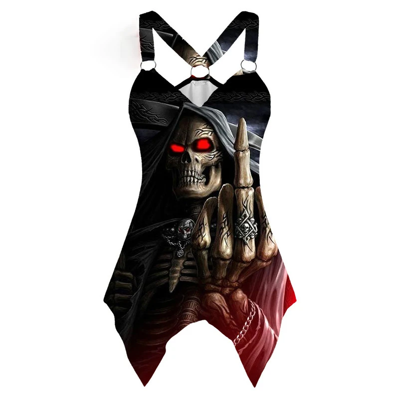 Женский топ на бретельках с принтом черепа откровенный открытой спиной в