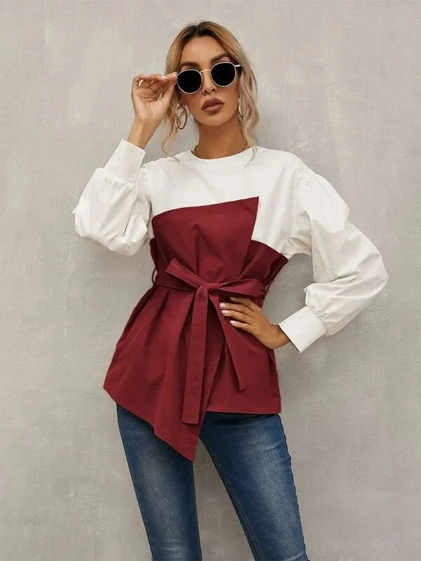 

Женская одежда 2021 международная торговля Новый однотонный пуловер с круглым вырезом с прострочкой рубашка с рукавами-фонариками и поясом