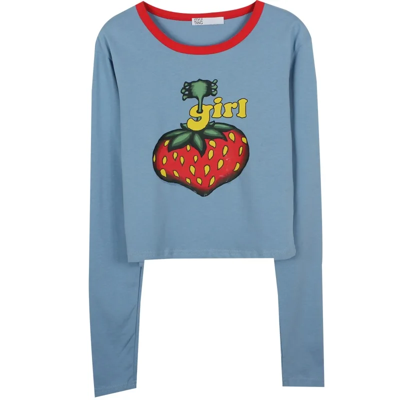 

2021 Spring Autumn Long Sleeve Strawberry Top Blue Anime Graphic T Shirts Patchwork 2000s Aesthetic Womens Fashion Cyber Y2k