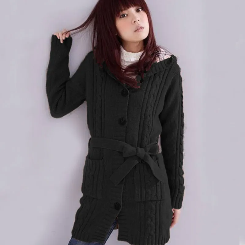 Hooded Knitted Cardigan Trench Coats Outwear Twisted Crocheted Sweater with Hat Belt Single-Breasted Long Sleeve Jacket Tops |