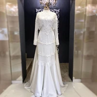 white elegant exquisite evening dress floor length tassel long sleeves layered saudi arabia dubai muslim prom dress plus size