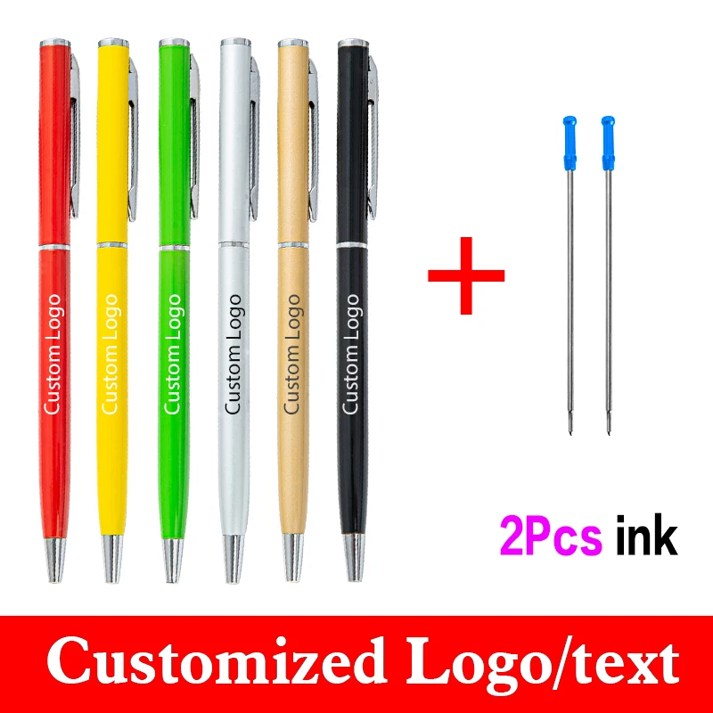 

New Advertising Pen 1+2pcs/set Custom LOGO Metal Ballpoint Pen Get 2 Ink Lettering Name Wholesale Hotel Gift Pen Office Supplies