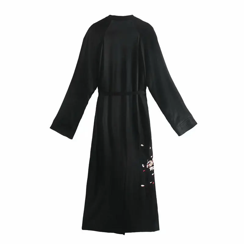 

Women Black Lightly Cooked Phoenix Embroidered Kimono Chic Dress For Ladies 2021 New Spring Summer V Neck Long Sleeve Long Dress