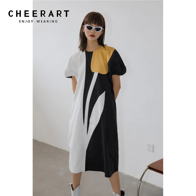 

Длинное прямое платье CHEERART в стиле тюльпан, женское летнее платье миди с коротким рукавом и пышными рукавами, модная дизайнерская одежда
