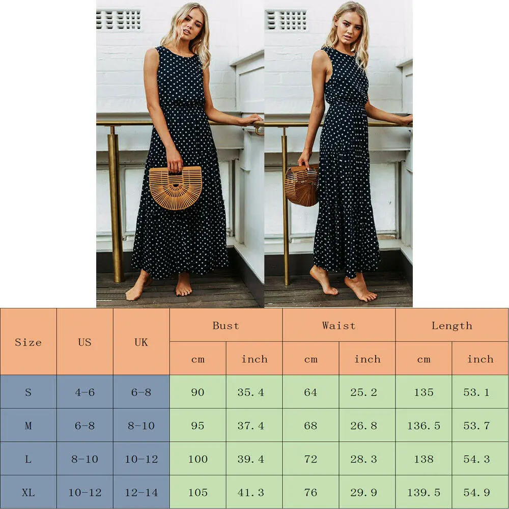

Bobo Women Polka Dot Print Long Maxi Dress Ladies High Waist Sleeveless Loose Holiday Party Summer Beach Sundress
