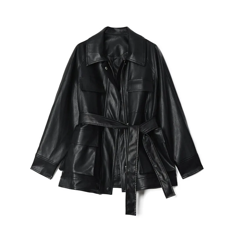 

2020 autumn and winter new leather jacket women's cool motorcycle clothing mid-length retro loose black PU leather jacket jacket
