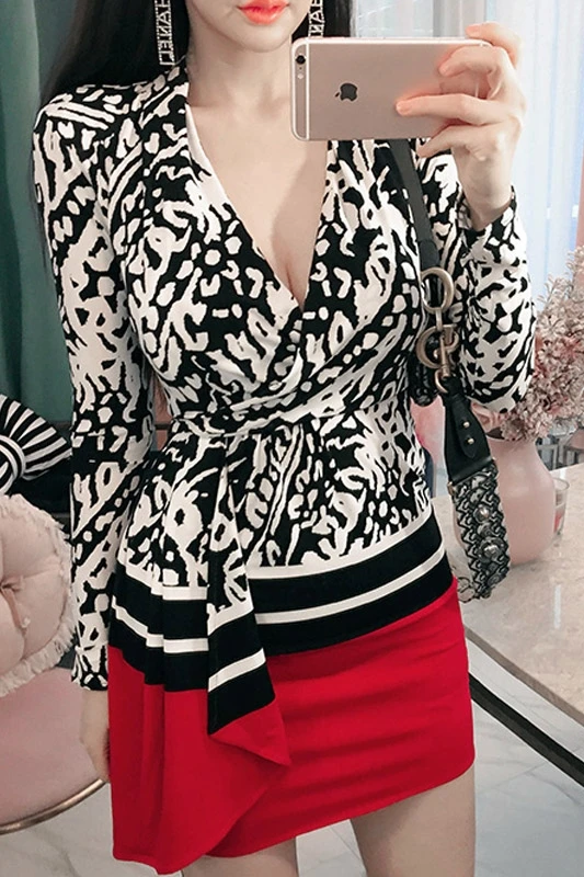 

Spring Fall Korean Version OL V-neck Sexy Dress High Waist Slim Color Matching Package Hip Ruffles Mini Dresses Women T7463