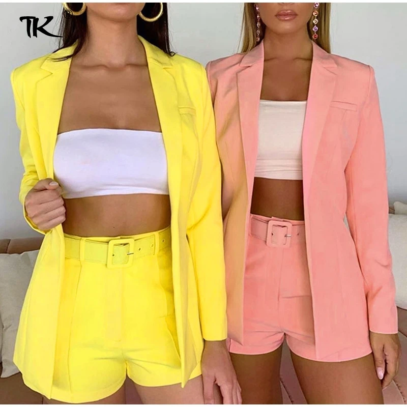 

White Women's Blazer Set England Single Button Short Sets Navel High Waist Pocket Shorts 2021 Summer Office Ladies Women's Suits