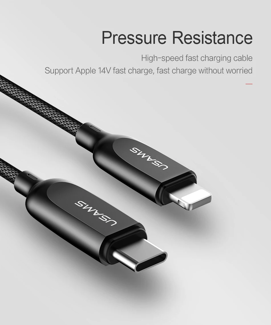 USAMS USB 18 Вт type C для освещения PD кабель для быстрой зарядки для iPhone X 8 7 6 type-C до 8-контактный кабель для синхронизации USB для iOS 8 9 10 11 шнур