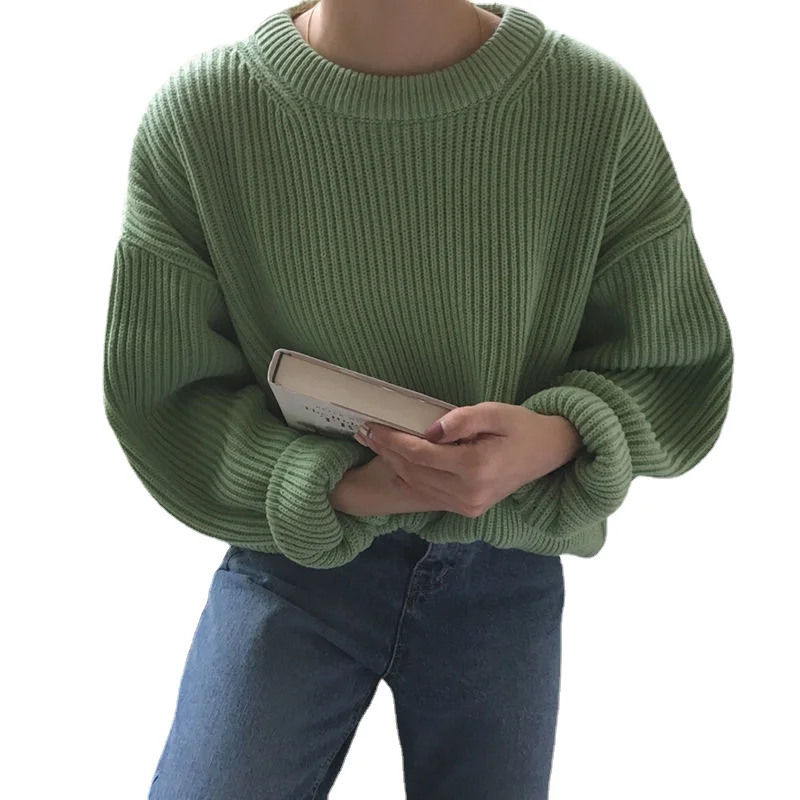 

Autumn Winter 2021 Woman Sweaters Green Vintage Pullovers Long Sleeve O-Neck Knitted Harajuku Oversized Pink Jumpers QQ-222