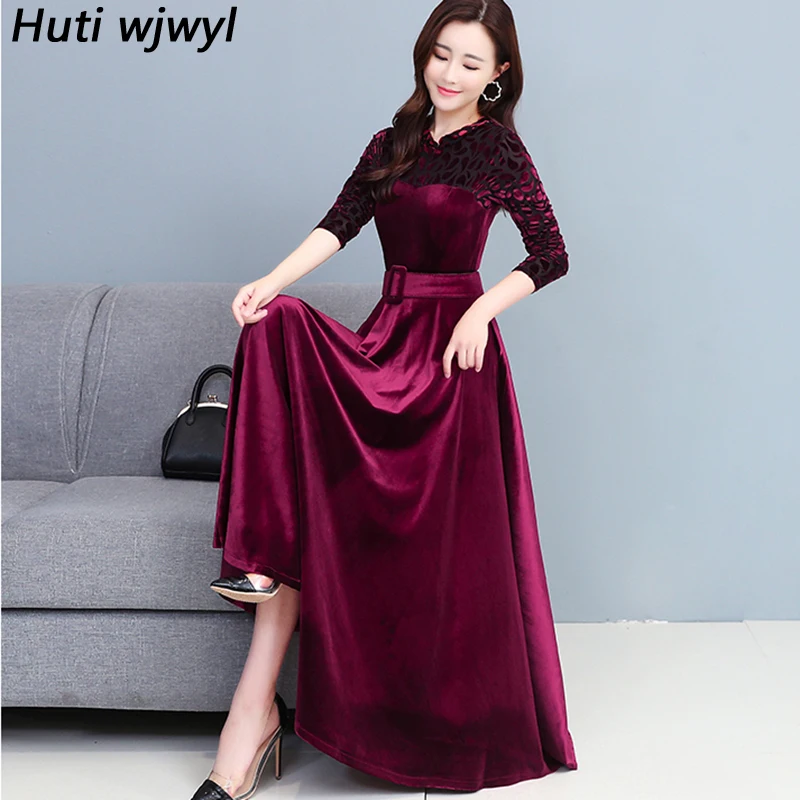 Осенне-зимнее красное бархатное плотное теплое платье макси для женщин черное