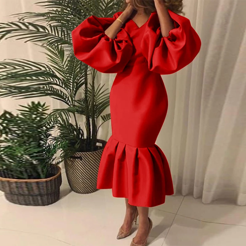

Elegant Solid Lantern Long Sleeve Club Party Dress Office Lady Sexy V Neck Long Dress Women Spring Autumn Pleated Bodycon Dress