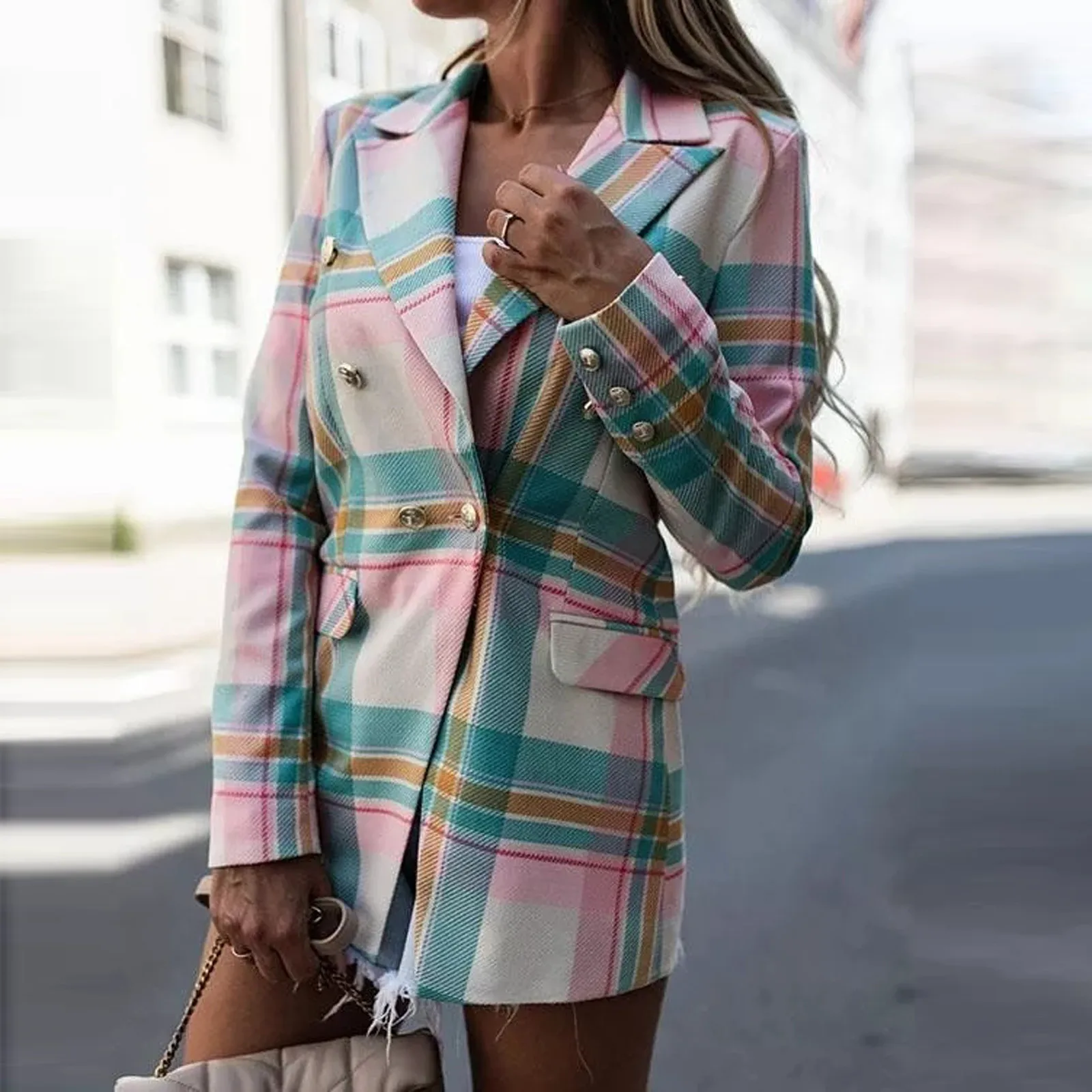 

Fashion Autumn Women Colorful Plaid Blazers Jackets Work Office Lady Suit Slim Double Breasted Work Business Female Blazer Coat