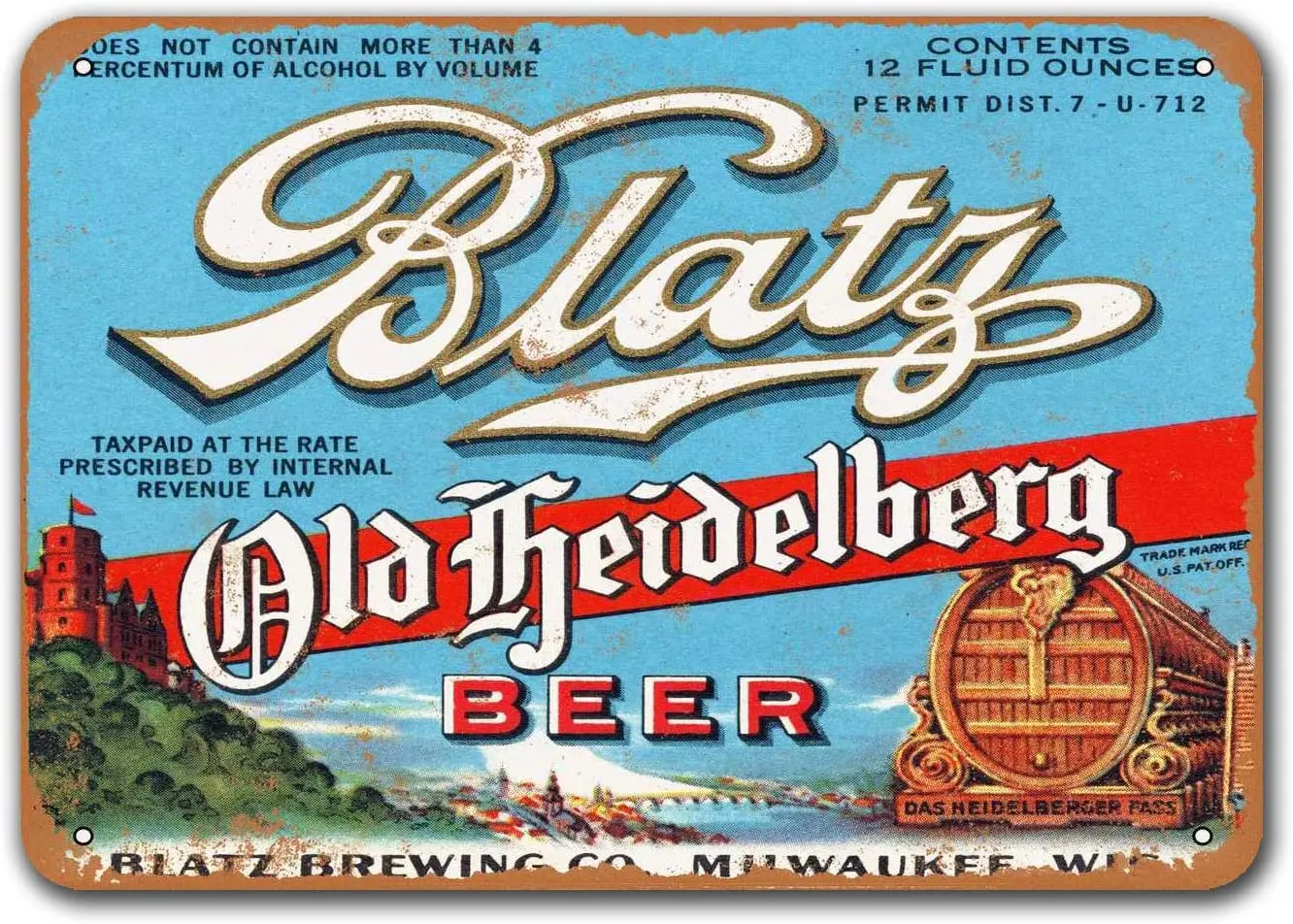 

Vintage Metal Sign 1933 Blatz Old Heidelberg Beer Bar Tin Signs, Sisoso Plaque Poster for Garage Man cave Pub Wall Decor