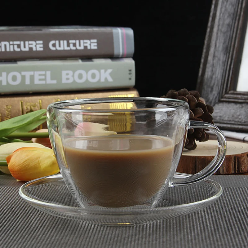 

Кофейная чашка и блюдце в Европейском стиле, креативная двойная кофейная чашка, прозрачная стеклянная кофейная чашка и блюдце в комплекте с...