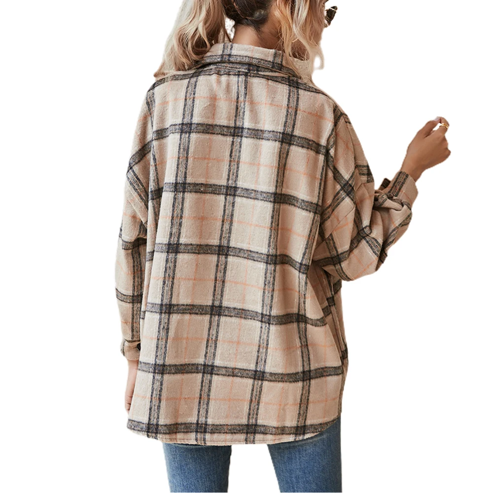 

Plaid Shirts Coat Women Button Turn-down Collar Long Sleeve Top Women Clothing Casual Jacket Coat Women Tops