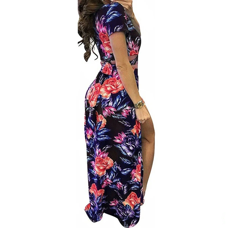 Two Piece Set Women Summer Long Maxi Dress Sexy 2019 Hollow Out Crop Top Split Skirt Outfits Bohemia Floral Print 2 Suits |