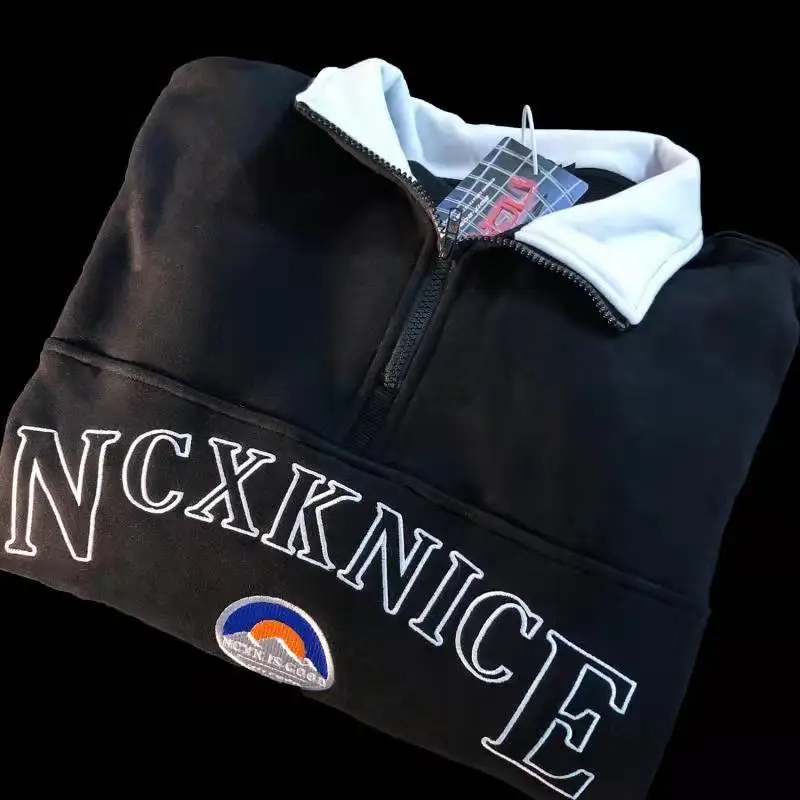

Hip Hop Black Letter Embroidery Zipper Pullover Oversized Sweatshirt Women Couple Streetwear Casual Hoddies for Teens Winter Top